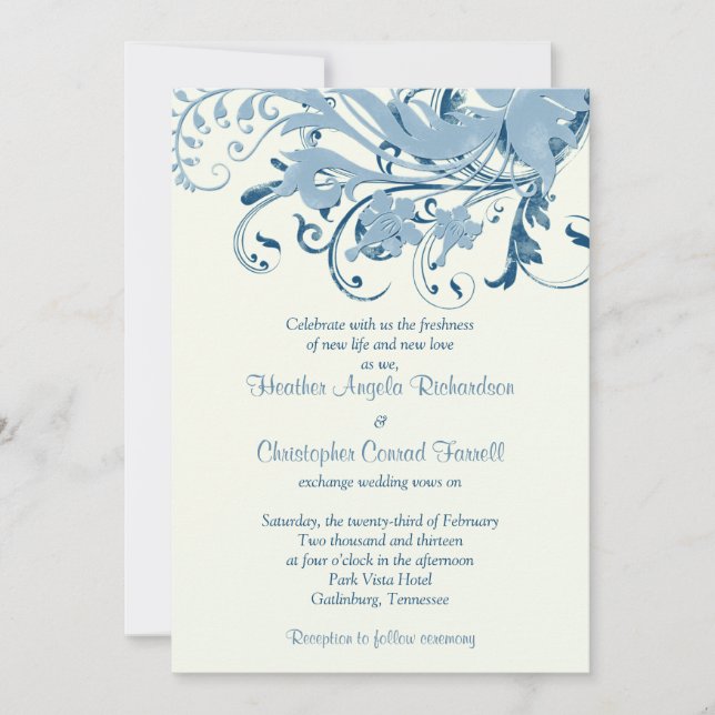 Marine Blue Ivory Floral Wedding Invitation (Front)