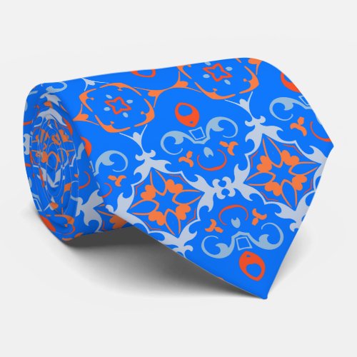 Marine Blue Orange Ethnic Boho Damask Pattern  Neck Tie