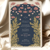 Marine Blue Pink Vintage Art Nouveau Floral