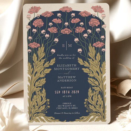 Marine Blue Pink Vintage Art Nouveau Floral Invitation