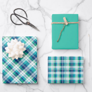 Marine Blue, Seafoam Mist, Teal... Tartan Plaid Wrapping Paper Sheets