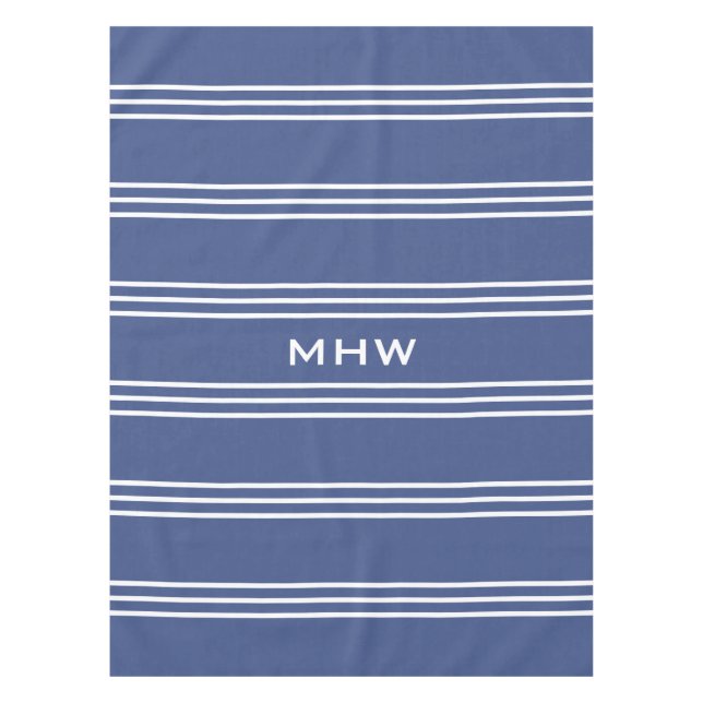 Marine Blue Stripes custom monogram table cloths (Front)