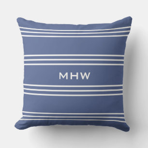 Marine Blue Stripes custom monogram throw pillows