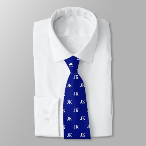 Marine Blue White Monogram Initials Pattern Neck Tie