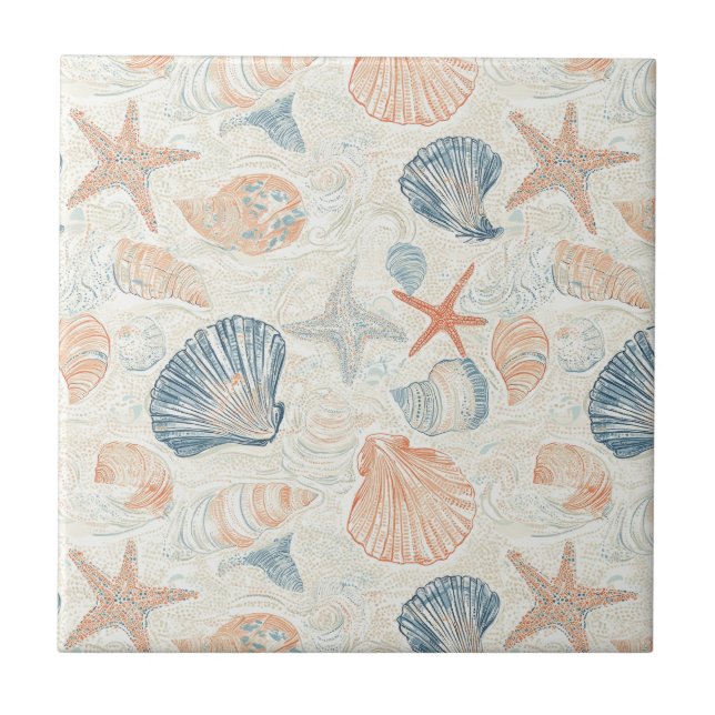 Marine Botanical Seashell Blue Coral Peach Pattern Ceramic Tile (Front)