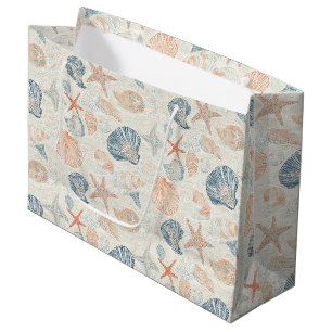 Marine Botanical Seashell Blue Coral Peach Pattern Large Gift Bag
