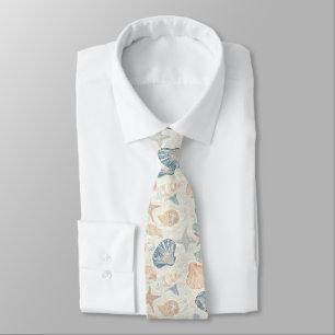 Marine Botanical Seashell Blue Coral Peach Pattern Neck Tie