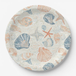 Marine Botanical Seashell Blue Coral Peach Pattern Paper Plates