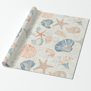 Marine Botanical Seashell Blue Coral Peach Pattern Wrapping Paper