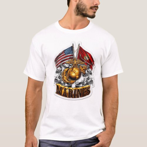 Marine Corps T_Shirt Double Flag Gold Globe Marine