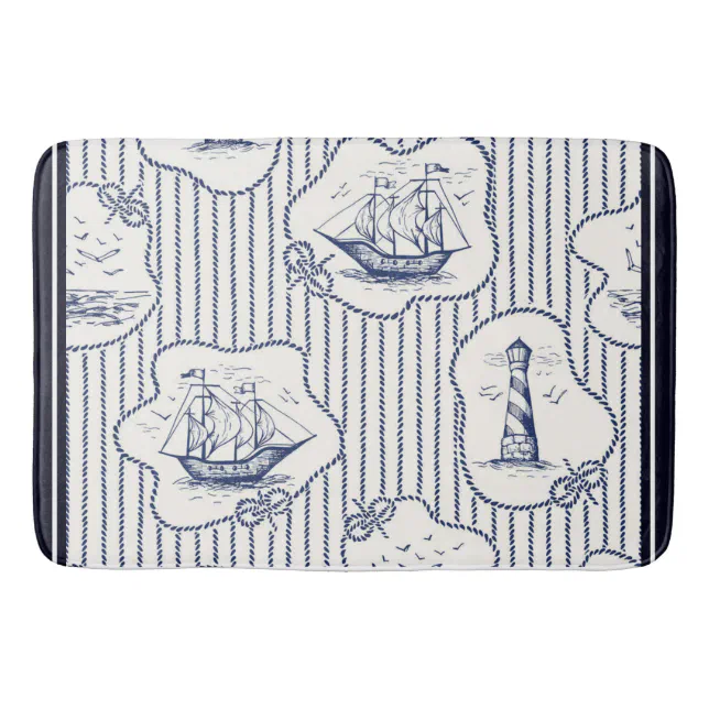 Marine Elements Blue White Lighthouse Ship Bath Mat | Zazzle