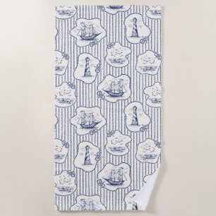 Marine Elements Blue White Lighthouse Ship   Beach Towel