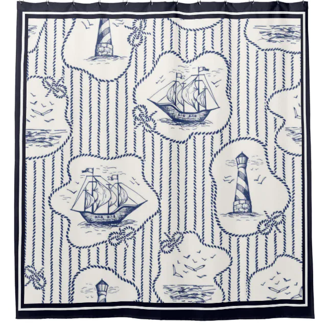 Marine Elements Blue White Lighthouse Ship Shower Curtain | Zazzle