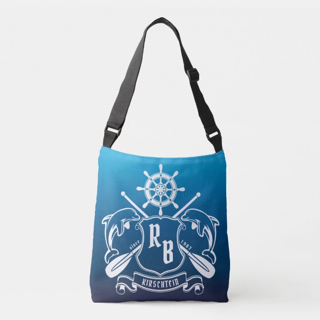 Marine Insignia Dolphins Helm Oars Shield Nautical Crossbody Bag (Front)