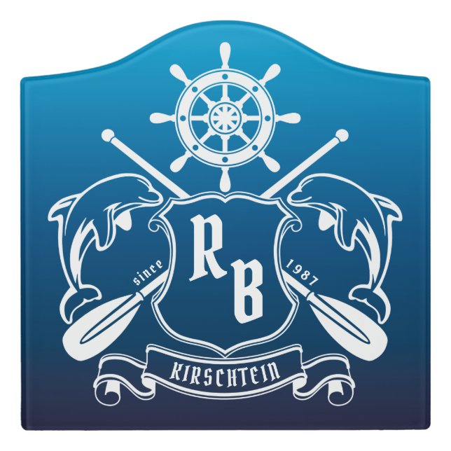 Marine Insignia Dolphins Helm Oars Shield Nautical Door Sign (Large Crest Front)