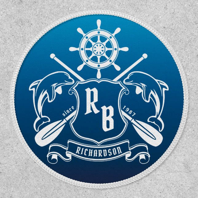 Marine Insignia Dolphins Helm Oars Shield Nautical Patch (Front)