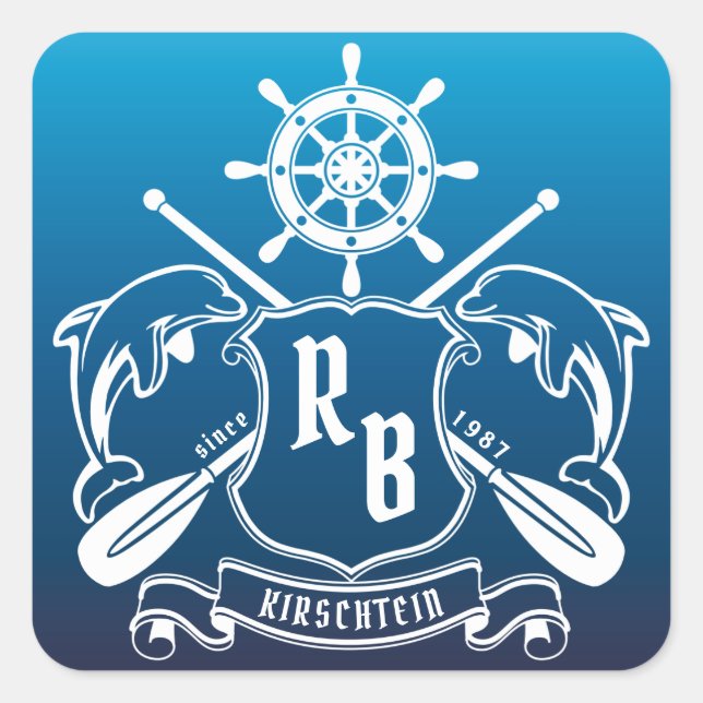 Marine Insignia Dolphins Helm Oars Shield Nautical Square Sticker (Front)