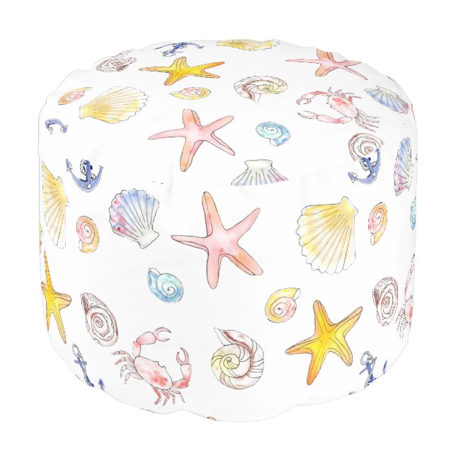 Marine Life & Anchors Round Pouf (Angled Front)