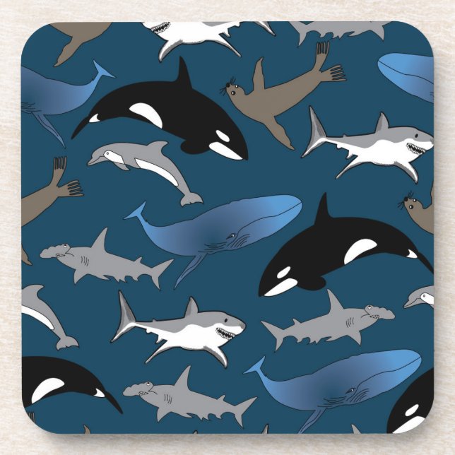 Marine Life Coasters, shark, whale, dolphin, seal Beverage Coaster (Front)