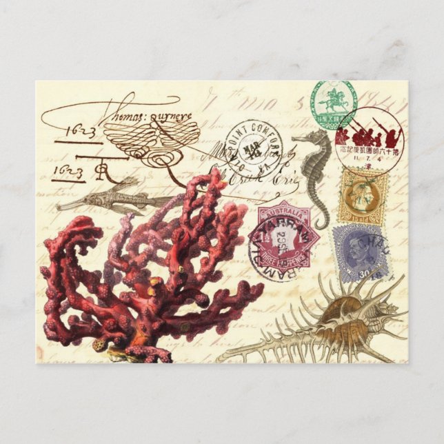Marine Life Collage with Postmarks and Stamps Postcard (Front)