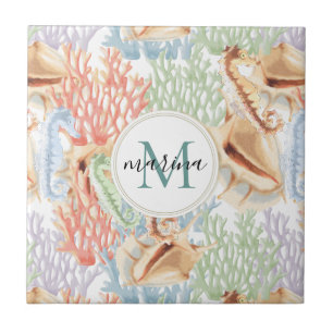 Marine Life, Colorful Underwater Monogram Ceramic Tile