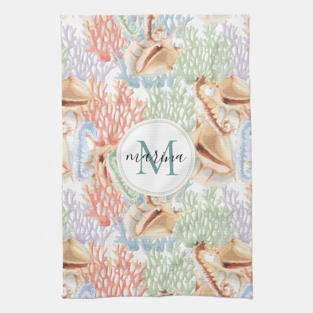 Marine Life, Colorful Underwater Monogram Kitchen Towel (Vertical)