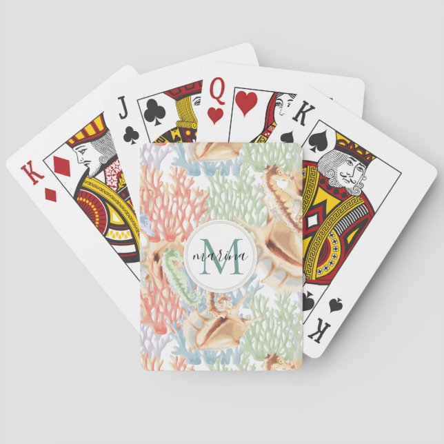 Marine Life, Colorful Underwater Monogram Poker Cards (Back)