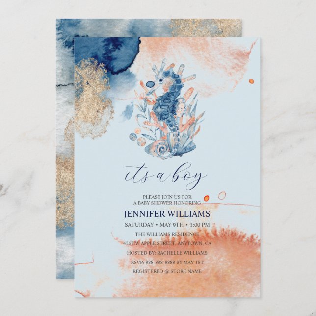 Marine Life | It's a Boy Seahorse Baby Shower Invitation (Front/Back)