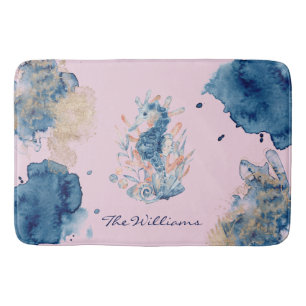 Marine Life Modern Watercolor Seahorse Bath Mat