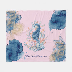 Marine Life Modern Watercolor Seahorse Fleece Blanket
