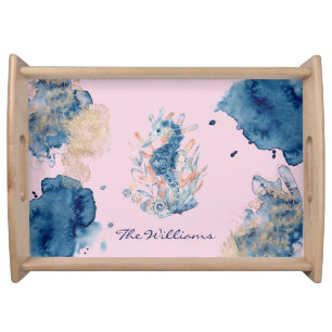 Marine Life  Modern Watercolor Seahorse Serving Tray