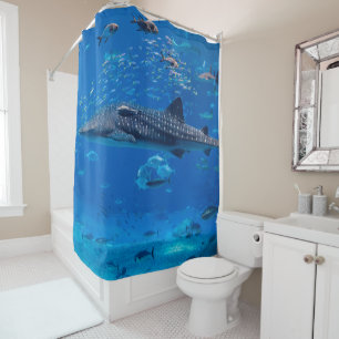 MARINE LIFE. SHARK WHALE MANTA RAY FISH OCEAN SHOWER CURTAIN