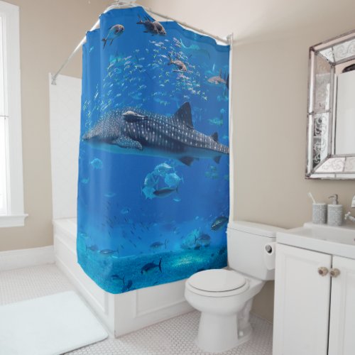 MARINE LIFE SHARK WHALE MANTA RAY FISH OCEAN SHOWER CURTAIN