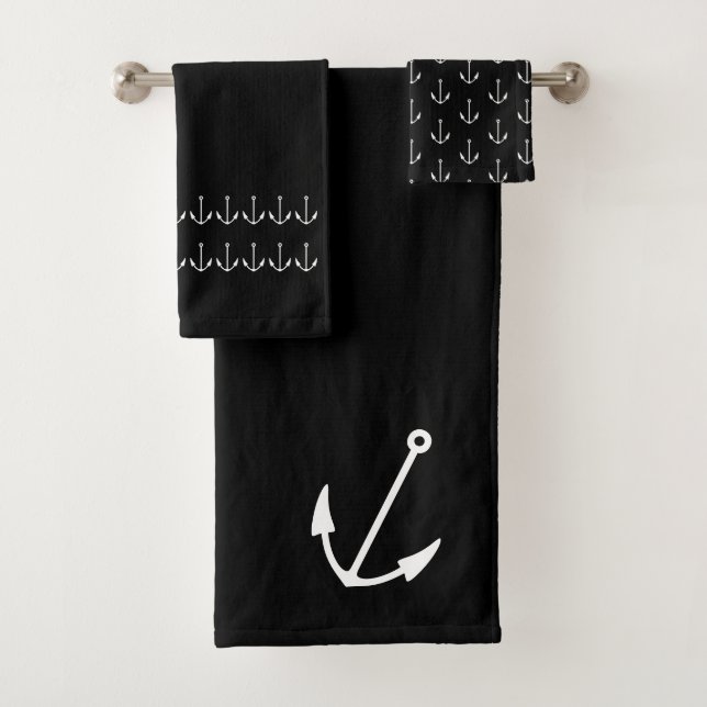 Marine Nautical Anchor  Bathroom black white Bath Towel Set (Insitu)