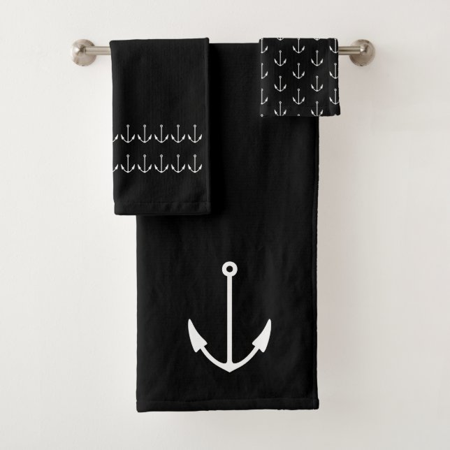 Marine Nautical Anchor Bathroom black white Bath Towel Set (Insitu)