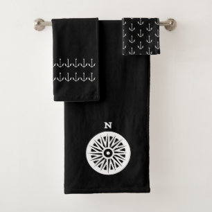 Marine Nautical Anchor compas Bathroom black white Bath Towel Set