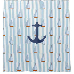 Marine Nautical Sailing Ship White and Blue Stripe Shower Curtain