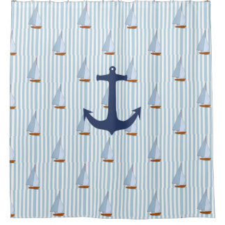 Marine Nautical Sailing Ship White and Blue Stripe Shower Curtain