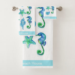 Marine Nautical Seahorse Custom Teal Aqua & White Bath Towel Set