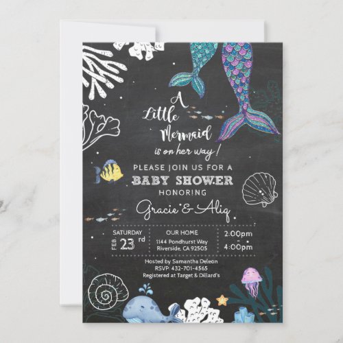 Marine Ocean Baby Mermaid Chalkboard Invitation
