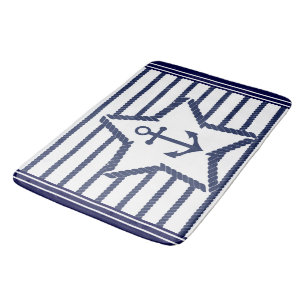 Marine Pattern Blue White Sea and Nautical Anchor Bath Mat