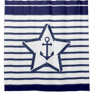 Marine Pattern Blue White Sea and Nautical Anchor Shower Curtain