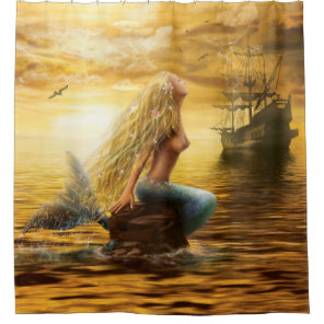 marine princess- fantasy mermaid at sunset back shower curtain