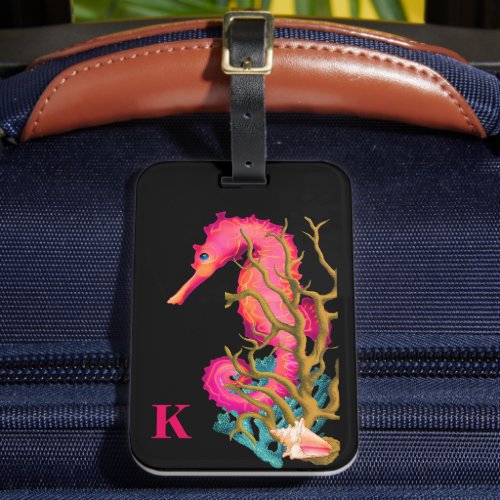 Marine Seahorse Pink Black Modern Chic  Luggage Tag