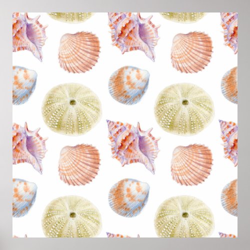 Marine seamless patern of sea shells Watercolor i Poster