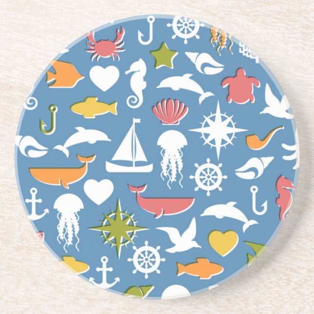 Marine Symbols Pattern Sandstone Coaster (Front)