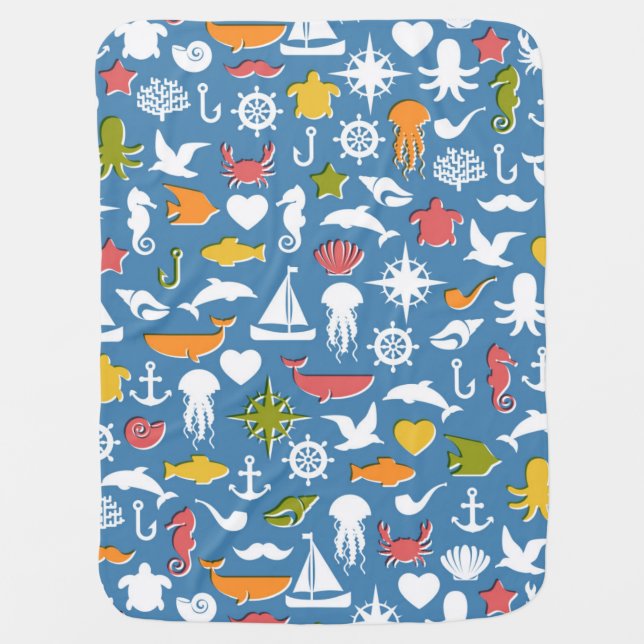 Marine Symbols Pattern Stroller Blanket (Front)