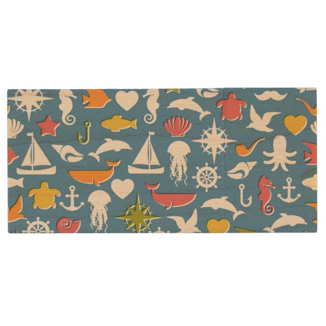 Marine Symbols Pattern Wood Flash Drive (Front)