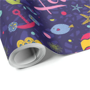 Marine Theme Anchor Fish Starfish Seahorse Wrapping Paper