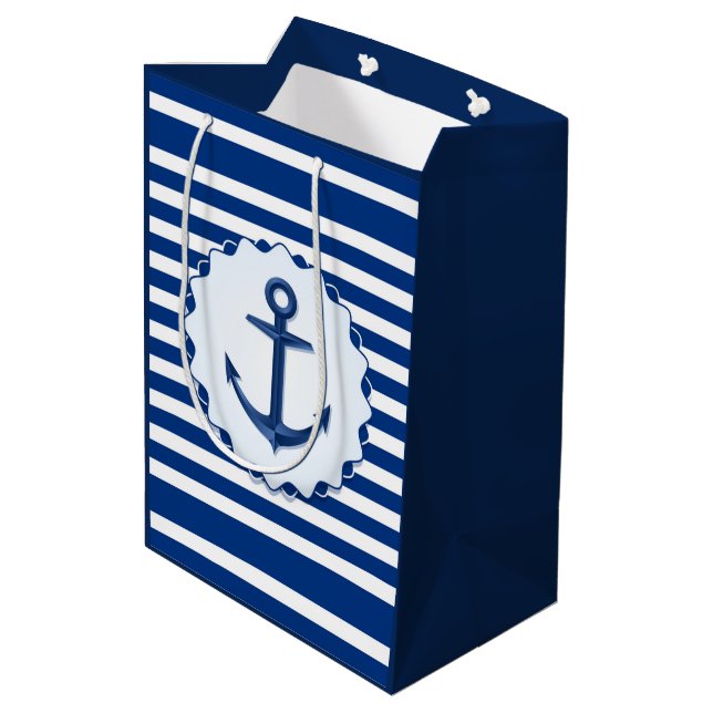 Marine Theme Blue and White Stripe with Anchor     Medium Gift Bag (Back Angled)
